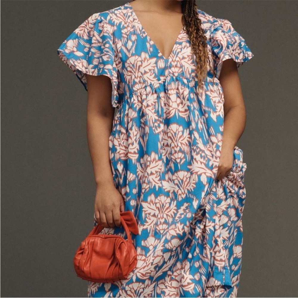 Maeve Blue Midi Dress with Pink Floral Print - Picture 3 of 12
